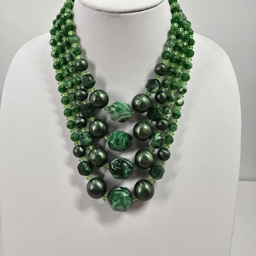 Vintage Green Multi Strand Beaded Statement Necklace Graduated Tiered Marbled - Picture 8 of 10